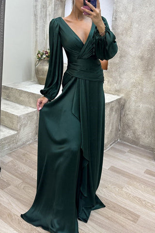 Vestidos de noche elegantes, formales, lisos, con escote en V y pliegue (3 colores)