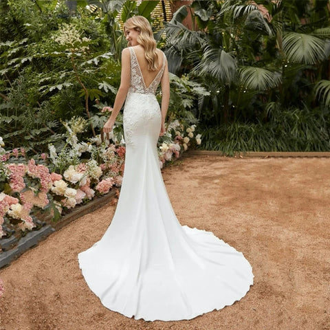 Sexy Lace Appliqued Wedding Dresses Princess Satin Mermaid Bridal Gowns For Bride Robe De Mariée Sweep Train Custom Made