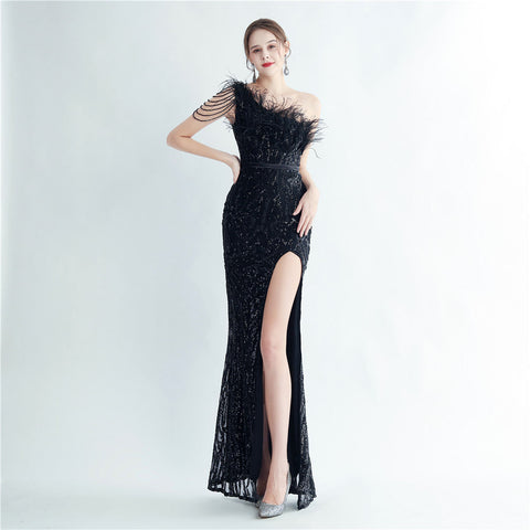 Heavy Industry Ostrich Hair Craft Beading Evening Dress with Side Slit