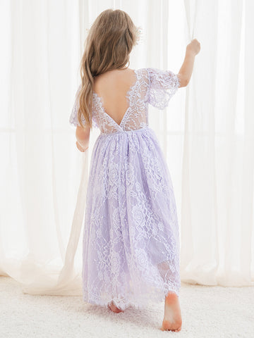 A-line Lace Ankle-length Ivory Boho Flower Girl Dress