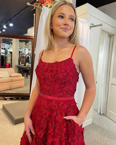 Cute A Line Scoop Neck Red Lace Prom Dresses with Beading