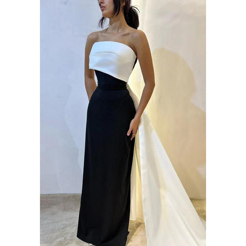 Vestido de fiesta formal elegante, moderno, sin mangas, con hombros descubiertos y corte columna