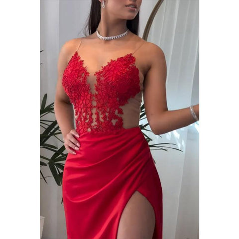 Vestido de noche para fiesta de graduación con escote en V, tirantes finos, apliques y abertura lateral 