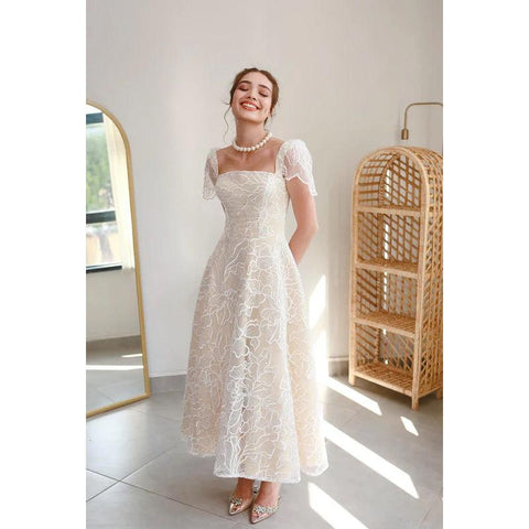 Vestido de fiesta de noche con escote cuadrado, mangas de copa, estampado de tul, corte A, largo hasta la rodilla