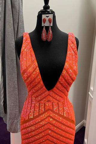 Mermaid Deep V Neck Orange Sequins Long Prom Dress with Open Back