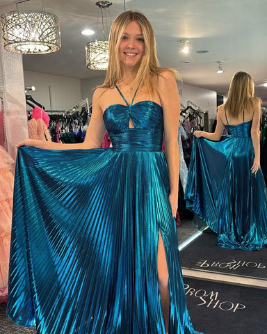 Sparkly A Line Halter Neck Pleated Long Prom Dress with Keyhole Slit