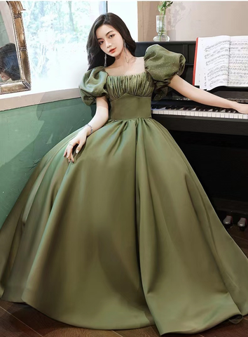 Vestido de noche verde, estilo princesa, manga larga abullonada, modelo Y4315
