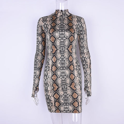 Snake print sexy women winter dress elegant Turtleneck long sleeve bodycon dress Evening club short party dress