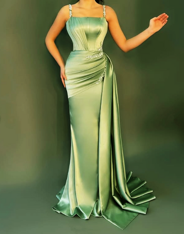 Elegante vestido de noche azul de sirena con tirantes finos, satén y cuentas, modelo Y8537