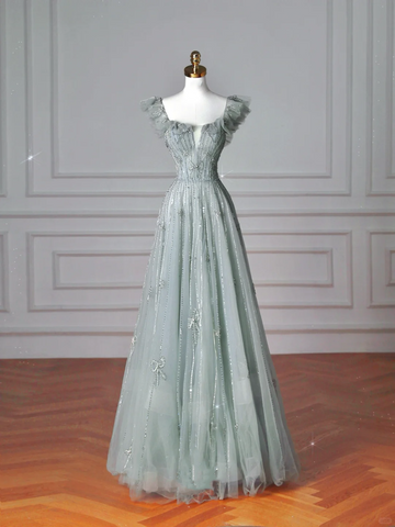 Robe de bal vert clair à col carré en tulle perlé, coupe trapèze, référence Y8612