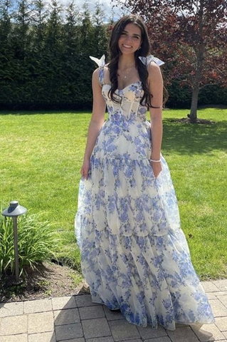 A-line Blue Floral Print Long Prom Dress Blue Evening Dress Y2560
