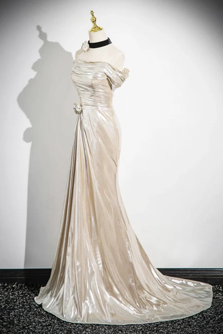 Robe de bal sirène en satin champagne à épaules dénudées Y8202