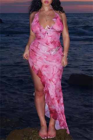 Vestido de noche rosa con cuello halter, estampado de gasa, volantes y abertura lateral, modelo Y8256