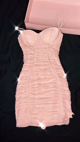 Vestido corto de fiesta rosa plisado con tirantes finos, estilo femenino y sexy Y380