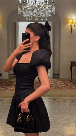 Vestido negro vintage de manga abullonada para fiesta de bienvenida, vestido negro para fiesta de cumpleaños Y5811