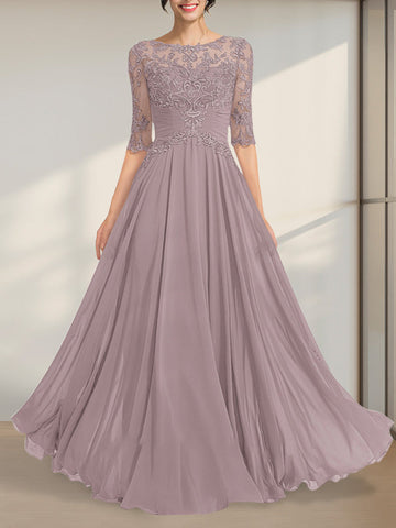 A-line Scoop Illusion Floor-Length Chiffon Lace Mother of the Bride Dress With Pleated Sequins