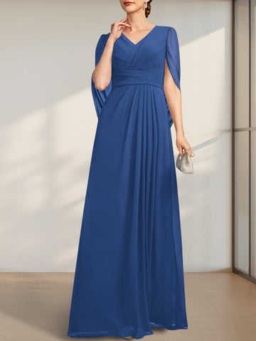 A-line V-Neck Floor-Length Chiffon Mother of the Bride Dress With Pleated