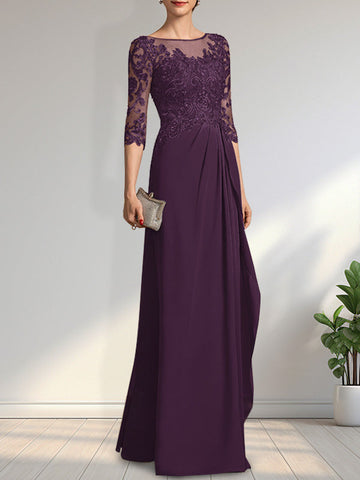 A-line Scoop Illusion Floor-Length Chiffon Lace Mother of the Bride Dress With Beading Sequins Cascading Ruffles
