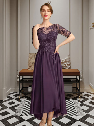 A-line Scoop Illusion Asymmetrical Chiffon Lace Mother of the Bride Dress With Sequins