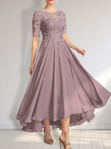 A-line Scoop Illusion Asymmetrical Chiffon Lace Mother of the Bride Dress With Sequins