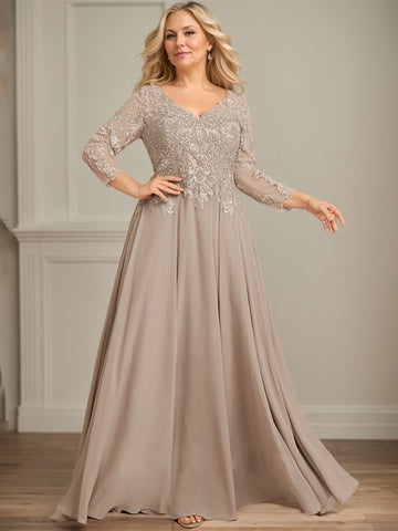 A-line V-Neck Floor-Length Lace Chiffon Mother of the Bride Dress With Sequins