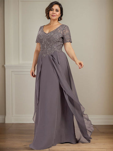 A-line V-Neck Floor-Length Chiffon Lace Mother of the Bride Dress