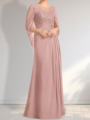 A-line Scoop Illusion Floor-Length Lace Chiffon Mother of the Bride Dress With Pleated Sequins