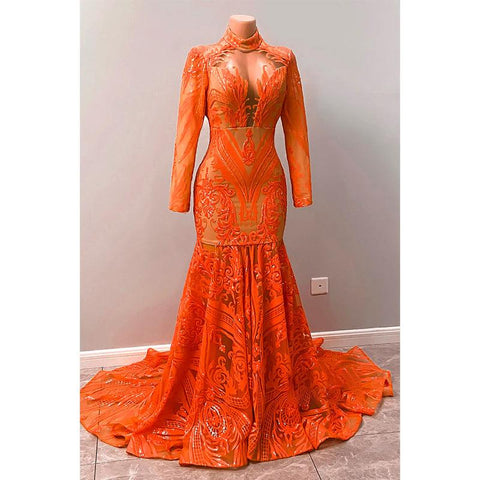 Robe de bal sirène américaine unique à col haut et manches longues avec appliques de paillettes 