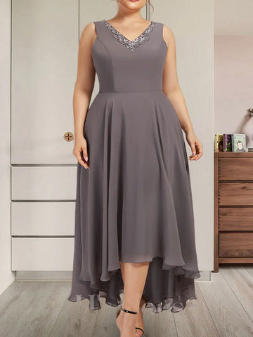 A-line V-Neck Asymmetrical Chiffon Mother of the Bride Dress With Beading Sequins