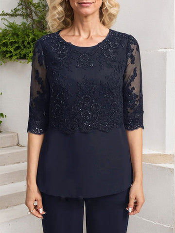 Jumpsuit/Pantsuit Separates Scoop Floor-Length Chiffon Lace Mother of the Bride Dress With Sequins