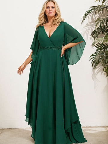 A-line V-Neck Floor-Length Chiffon Mother of the Bride Dress With Sequins Appliques Lace Beading