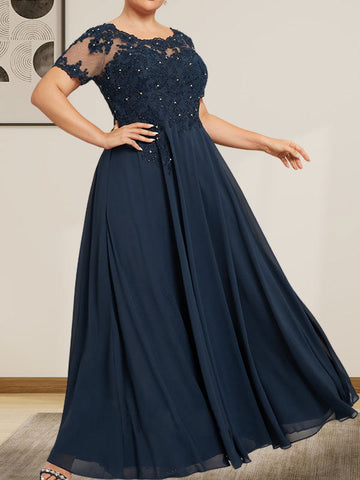 A-line Scoop Illusion Floor-Length Chiffon Lace Mother of the Bride Dress With Sequins Beading