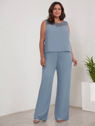 Chiffon Scoop Long Sleeves Mother Of The Bride Pantsuits With Jacket