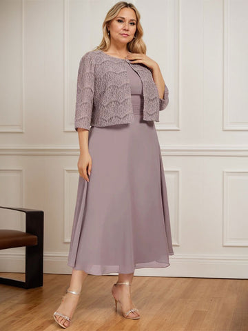 A-line Scoop Tea-Length Chiffon Mother of the Bride Dress With Pleated