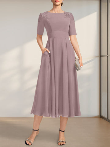 A-line Scoop Tea-Length Chiffon Mother of the Bride Dress With Appliques Lace Sequins