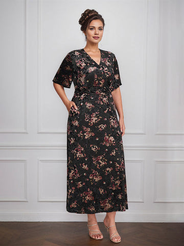 Vintage Plain V-Neck Short Sleeves Velvet Tea-Length Mother of the Bride Dress With Slit