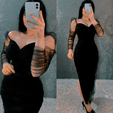 Vestido de fiesta negro de manga larga estilo tubo con malla para mujer, modelo Y5549