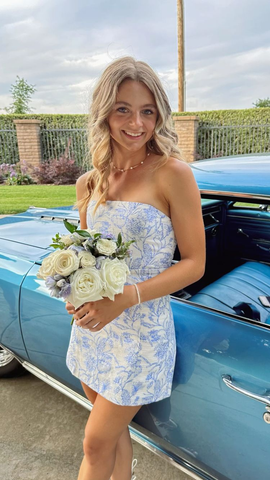 Vestido corto de fiesta de verano sin tirantes con estampado floral azul Y2646