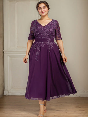 A-line V-Neck Tea-Length Lace Chiffon Mother of the Bride Dress With Sequins