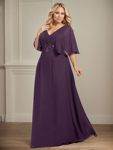 A-line V-Neck Floor-Length Chiffon Mother of the Bride Dress With Pleated Sequins Appliques Lace