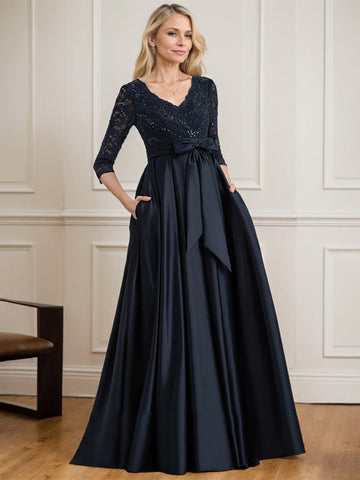A-line V-Neck Floor-Length Satin Lace Mother of the Bride Dress With Sequins Bow