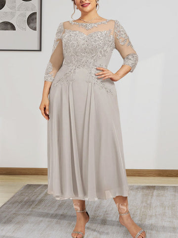 A-line Scoop Illusion Tea-Length Chiffon Lace Mother of the Bride Dress With Beading Sequins