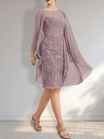 Sheath Scoop Illusion Knee-Length Lace Chiffon Mother of the Bride Dress With Cascading Ruffles Sequins