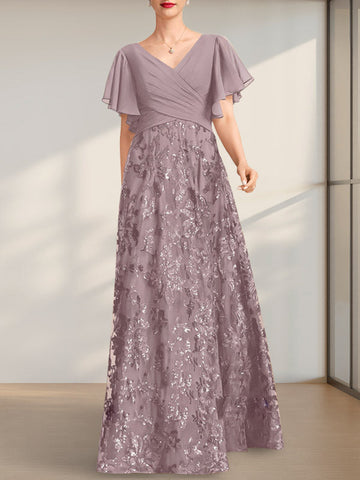 A-line V-Neck Floor-Length Lace Sequin Chiffon Mother of the Bride Dress With Pleated