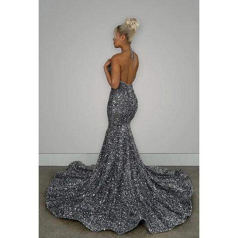 Vestido de noche largo de sirena con escote en V, espalda descubierta, lentejuelas y cola larga