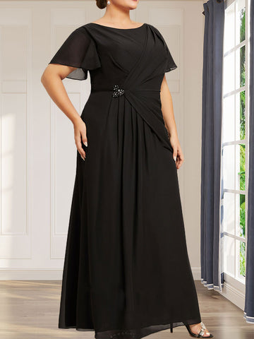 A-line Scoop Ankle-Length Chiffon Mother of the Bride Dress With Beading Pleated