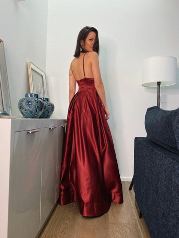 Split Front A-line Spaghetti Straps Burgundy Prom Dress