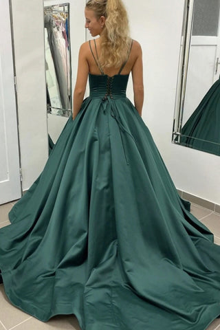 A Line Spaghetti Straps Dark Green Prom Dress with Sweep Train