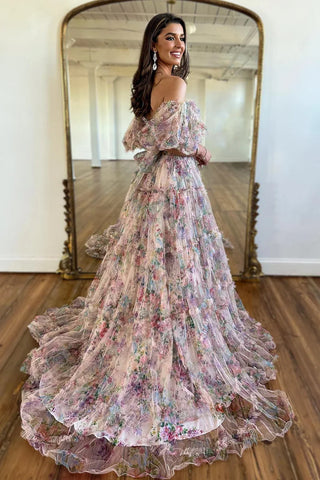 Gorgeous A Line Off the Shoulder Pink Floral Printed Corset Prom Dress with Sweep Train