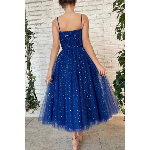 Vestido de fiesta de tul brillante con tirantes finos y estrellas, con bolsillos 